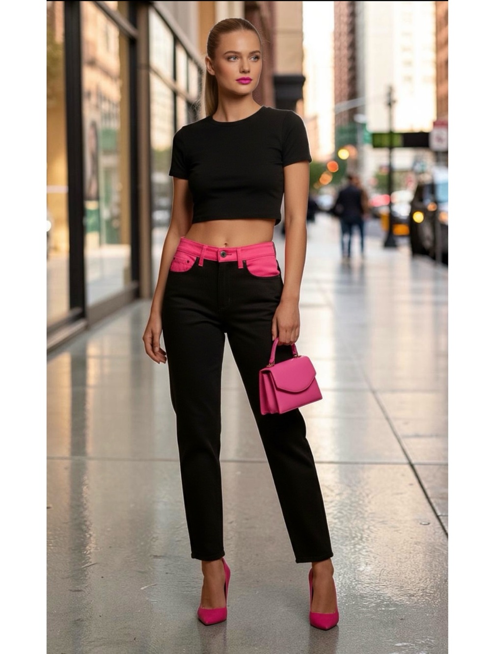 NWT Rag & Bone Ash Straight Leg Color Block Jeans in Black Pink Size 23